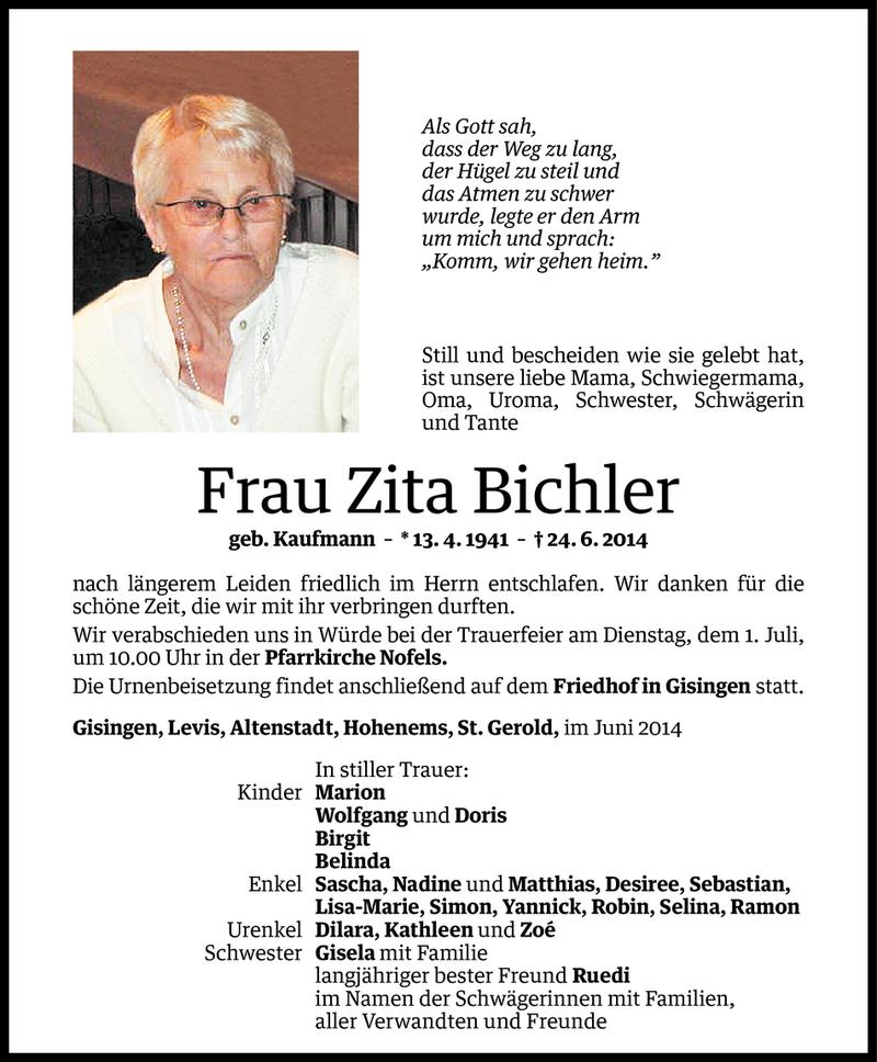  Todesanzeige für Zita Bichler vom 28.06.2014 aus Vorarlberger Nachrichten