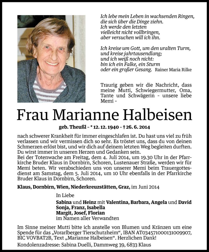  Todesanzeige für Marianne Halbeisen vom 27.06.2014 aus Vorarlberger Nachrichten