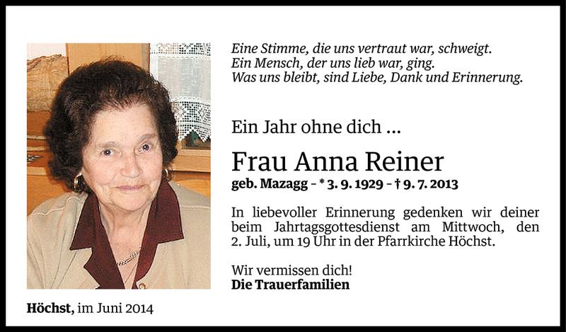  Todesanzeige für Anna Reiner vom 29.06.2014 aus Vorarlberger Nachrichten