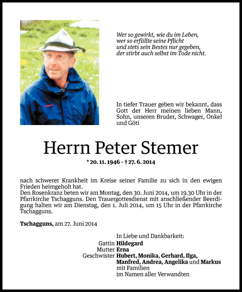  Todesanzeige für Peter Stemer vom 29.06.2014 aus Vorarlberger Nachrichten