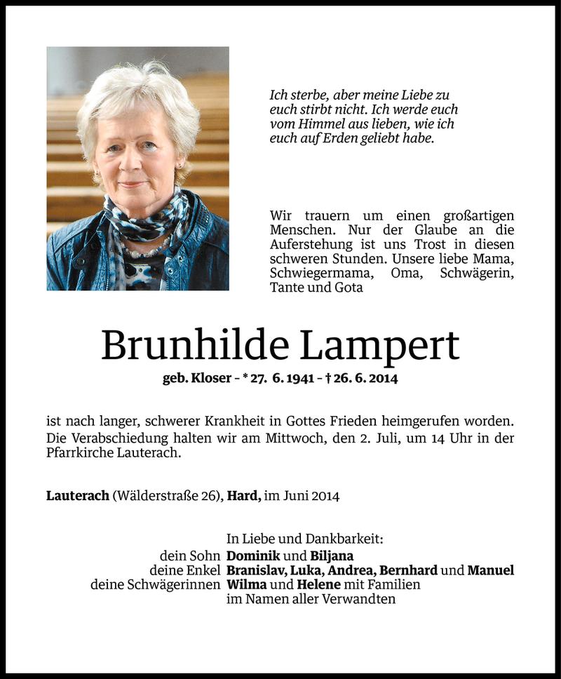  Todesanzeige für Brunhilde Lampert vom 29.06.2014 aus Vorarlberger Nachrichten