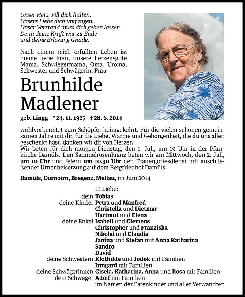  Todesanzeige für Brunhilde Madlener vom 29.06.2014 aus Vorarlberger Nachrichten