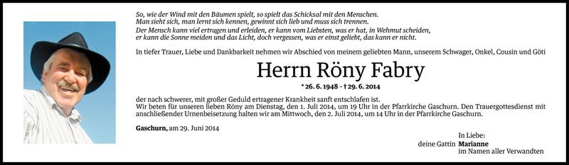  Todesanzeige für Röny Fabry vom 29.06.2014 aus Vorarlberger Nachrichten