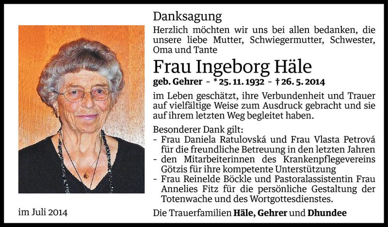  Todesanzeige für Ingeborg Häle vom 01.07.2014 aus Vorarlberger Nachrichten