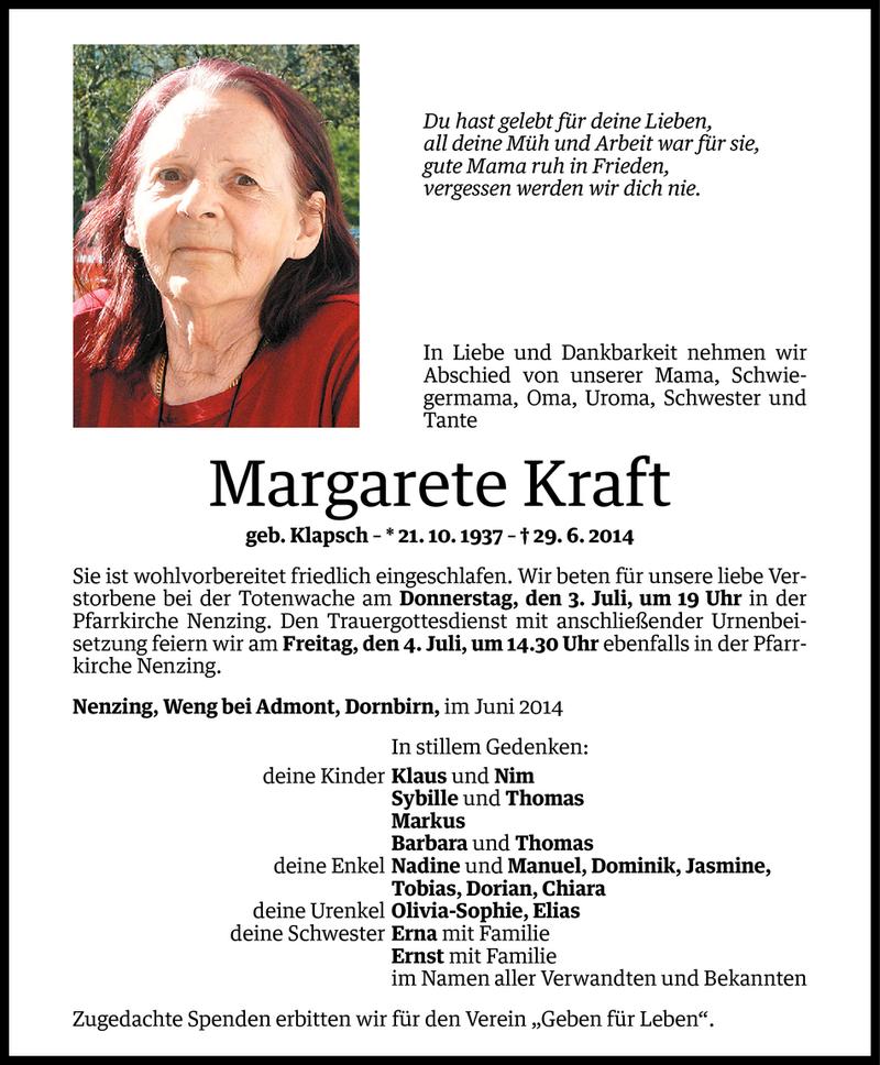  Todesanzeige für Margarete Kraft vom 02.07.2014 aus Vorarlberger Nachrichten