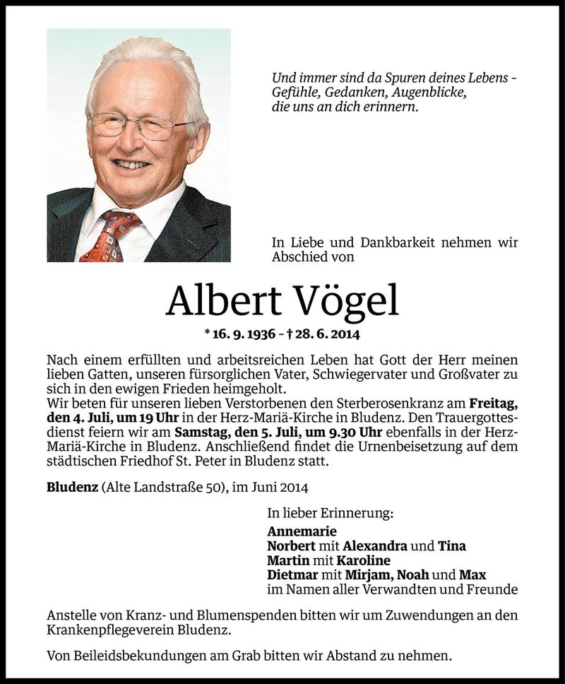  Todesanzeige für Albert Vögel vom 03.07.2014 aus Vorarlberger Nachrichten