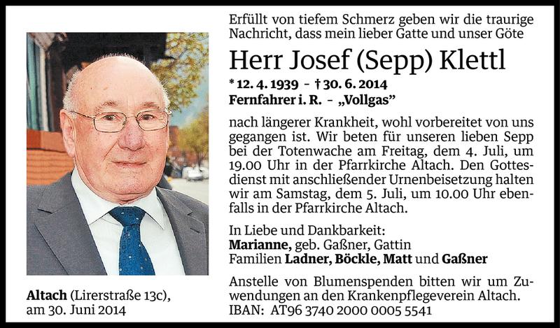  Todesanzeige für Josef Klettl vom 02.07.2014 aus Vorarlberger Nachrichten