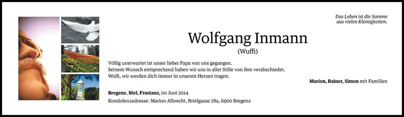  Todesanzeige für Wolfgang Inmann vom 02.07.2014 aus Vorarlberger Nachrichten