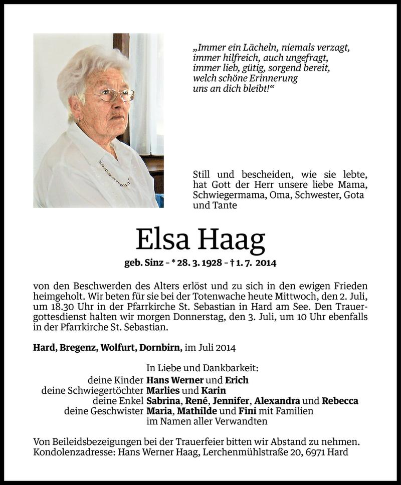  Todesanzeige für Elsa Haag vom 01.07.2014 aus Vorarlberger Nachrichten