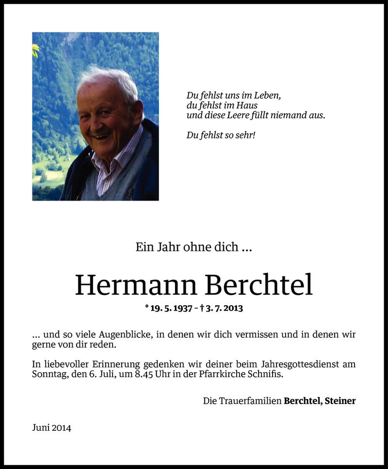  Todesanzeige für Hermann Berchtel vom 02.07.2014 aus Vorarlberger Nachrichten