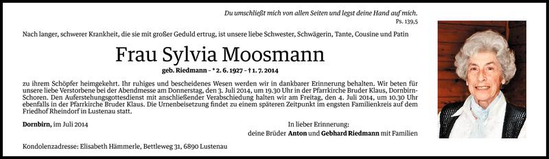  Todesanzeige für Sylvia Moosmann vom 02.07.2014 aus Vorarlberger Nachrichten