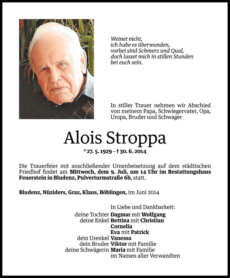  Todesanzeige für Alois Stroppa vom 07.07.2014 aus Vorarlberger Nachrichten