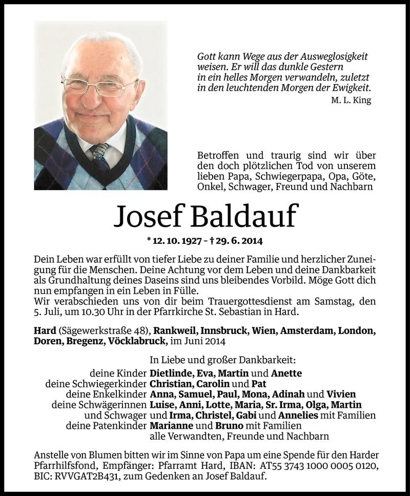  Todesanzeige für Josef Baldauf vom 02.07.2014 aus Vorarlberger Nachrichten