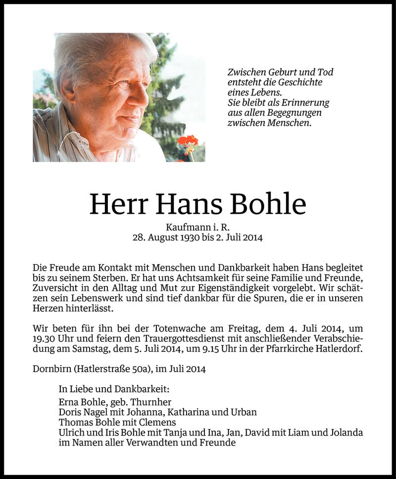  Todesanzeige für Hans Bohle vom 02.07.2014 aus Vorarlberger Nachrichten