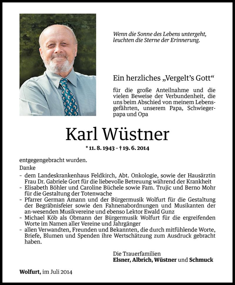  Todesanzeige für Karl Wüstner vom 02.07.2014 aus Vorarlberger Nachrichten