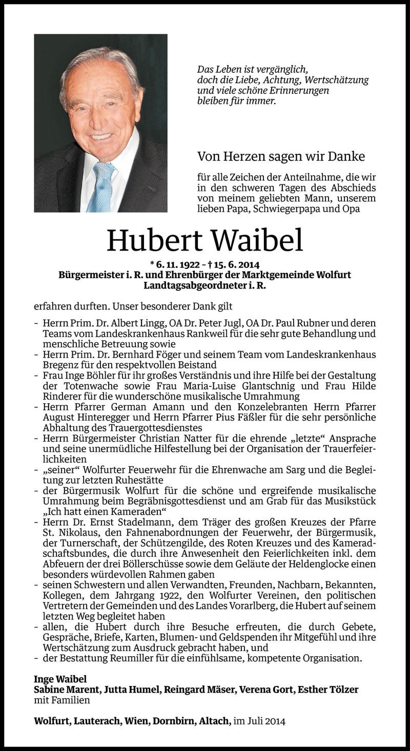  Todesanzeige für Hubert Waibel vom 04.07.2014 aus Vorarlberger Nachrichten