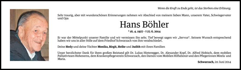  Todesanzeige für Hans Böhler vom 03.07.2014 aus Vorarlberger Nachrichten