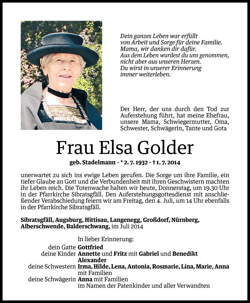  Todesanzeige für Elsa Golder vom 02.07.2014 aus Vorarlberger Nachrichten