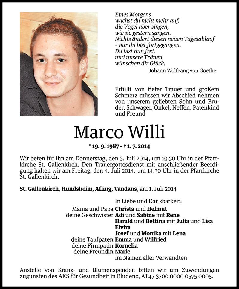  Todesanzeige für Marco Willi vom 02.07.2014 aus Vorarlberger Nachrichten