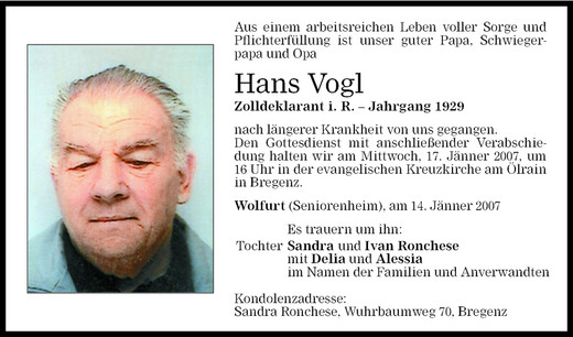 Todesanzeigen von Hans Vogl | Todesanzeigen Vorarlberger Nachrichten