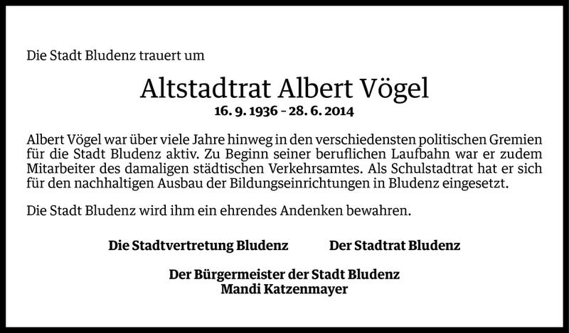  Todesanzeige für Albert Vögel vom 02.07.2014 aus Vorarlberger Nachrichten