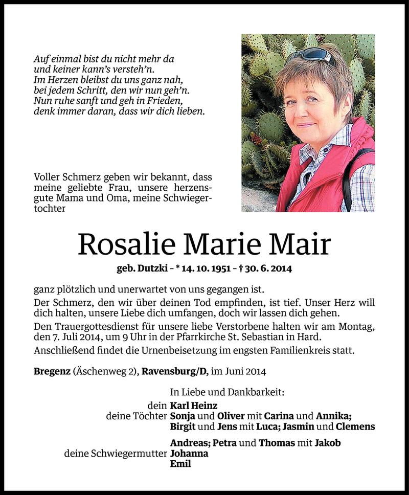  Todesanzeige für Rosalie Marie Mair vom 03.07.2014 aus Vorarlberger Nachrichten