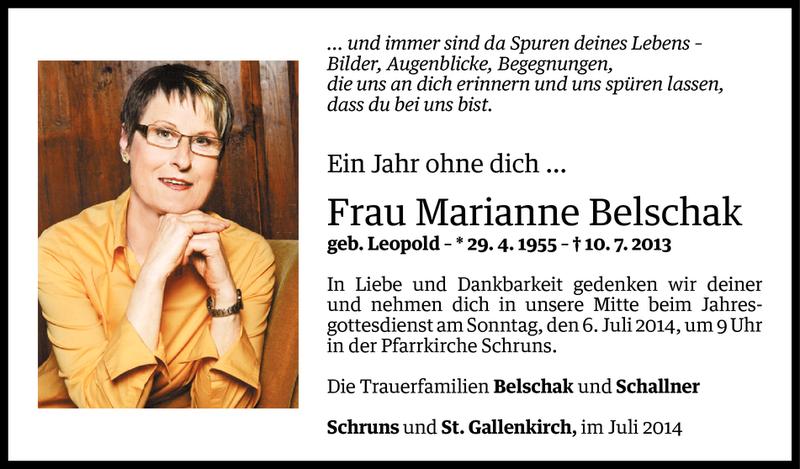  Todesanzeige für Marianne Belschak vom 03.07.2014 aus Vorarlberger Nachrichten