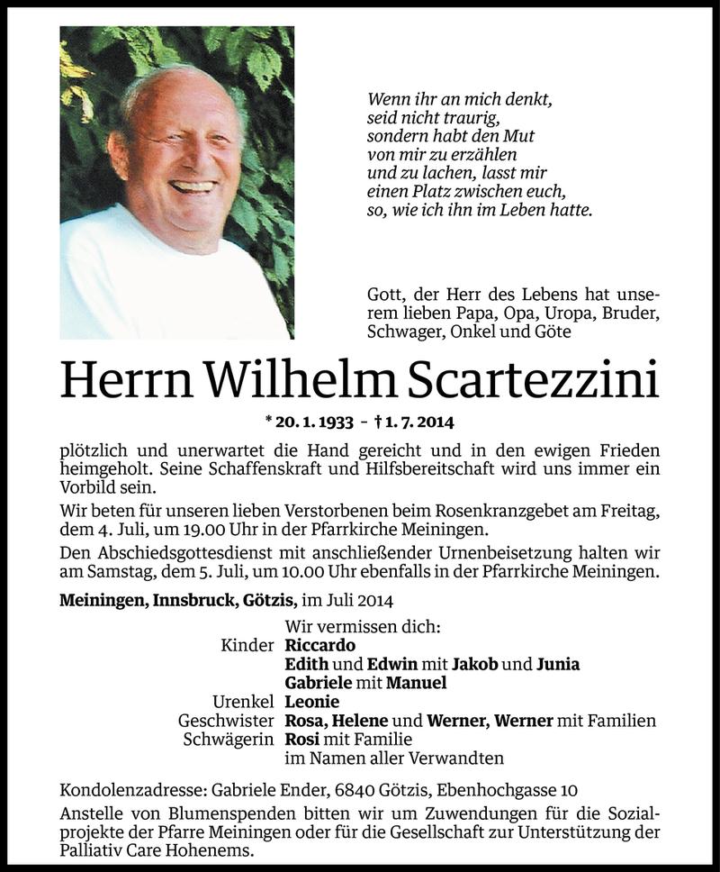  Todesanzeige für Wilhelm Scartezzini vom 04.07.2014 aus Vorarlberger Nachrichten