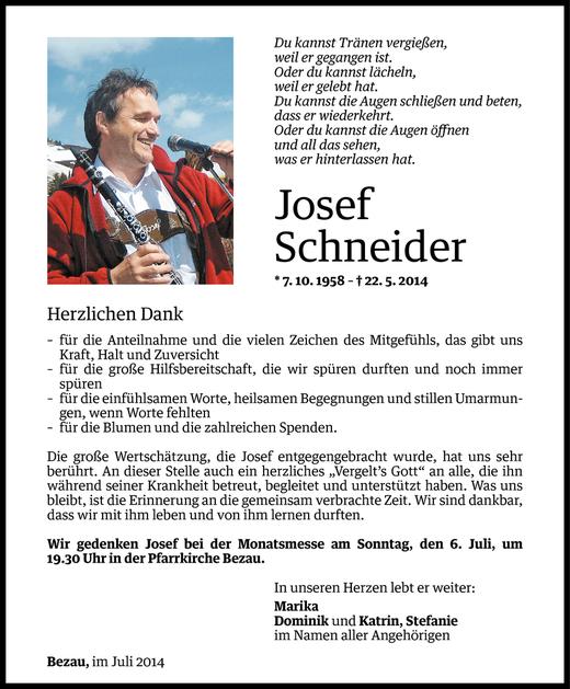 Todesanzeige von Josef Schneider von Vorarlberger Nachrichten