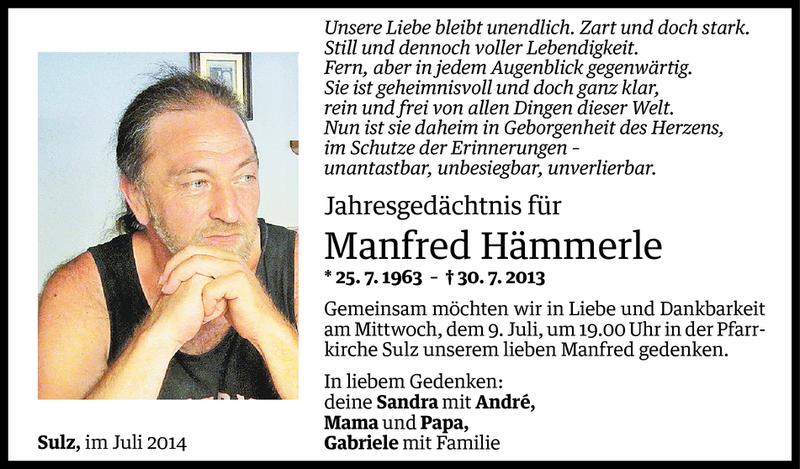  Todesanzeige für Manfred Hämmerle vom 05.07.2014 aus Vorarlberger Nachrichten