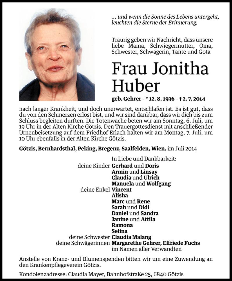  Todesanzeige für Jonitha Huber vom 03.07.2014 aus Vorarlberger Nachrichten
