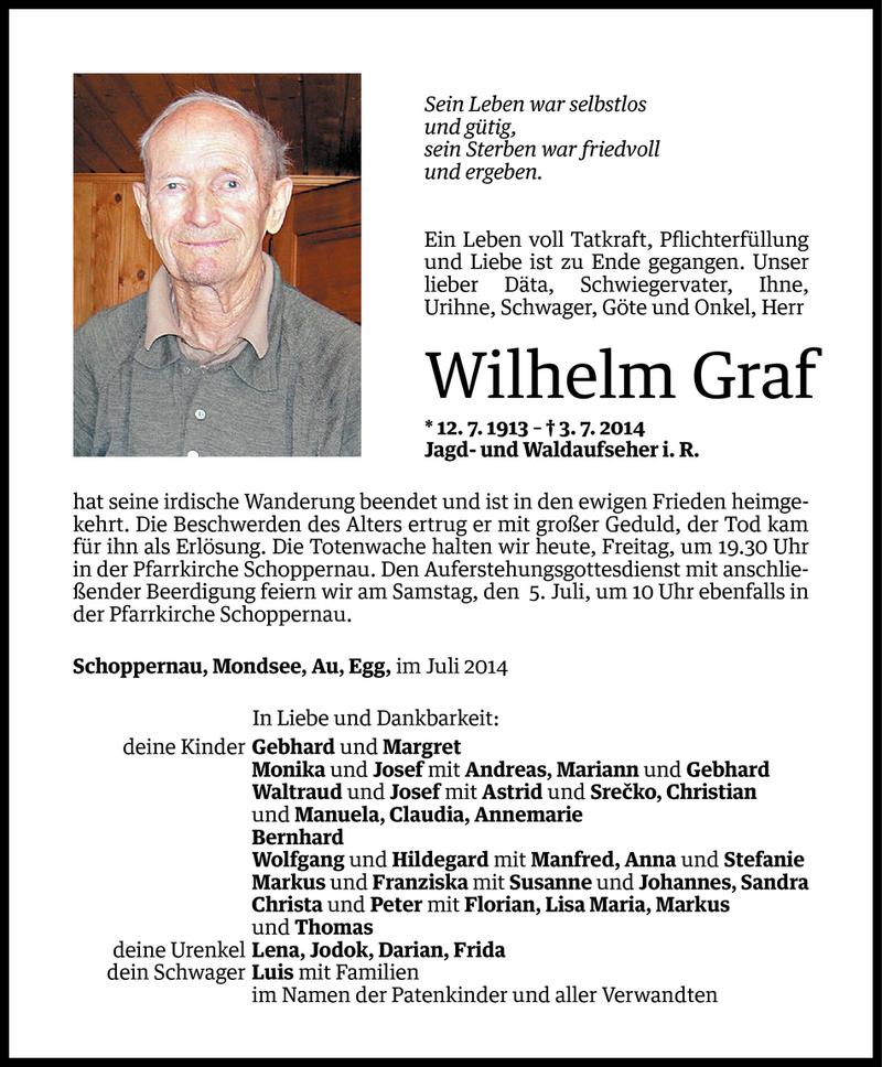  Todesanzeige für Wilhelm Graf vom 03.07.2014 aus Vorarlberger Nachrichten