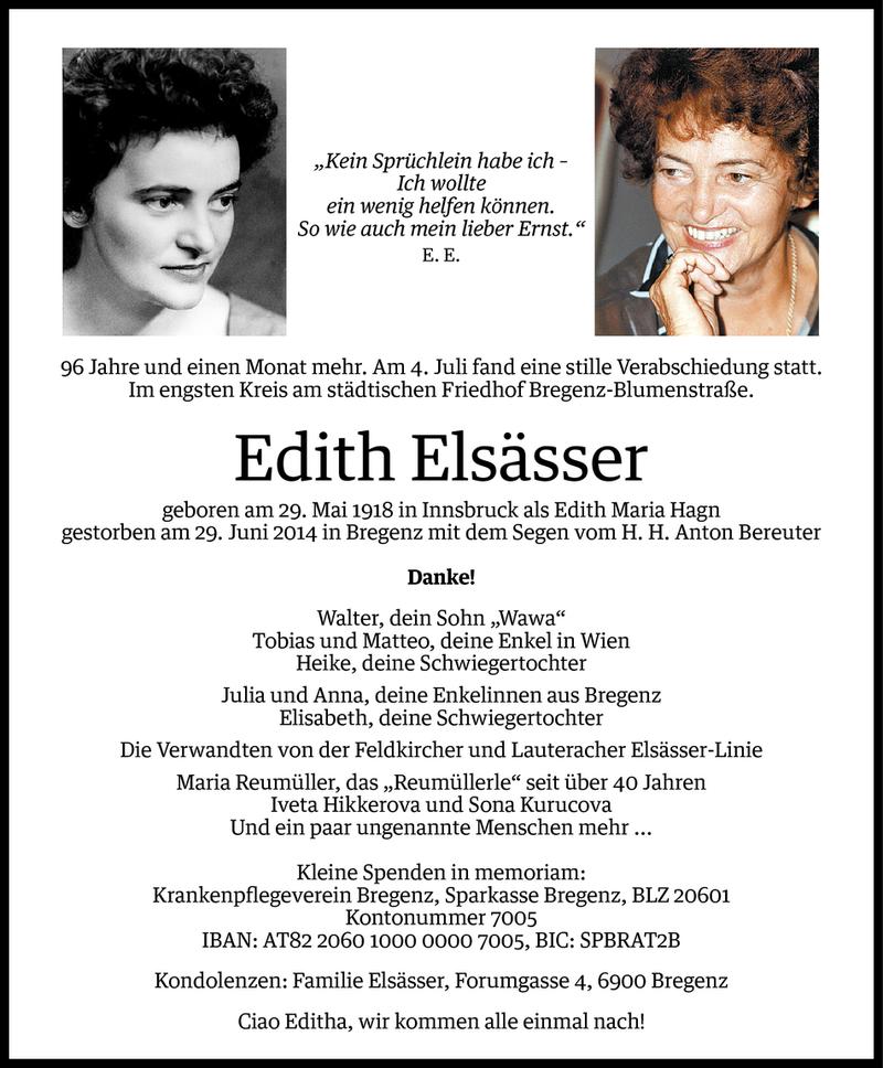  Todesanzeige für Edith Elsässer vom 05.07.2014 aus Vorarlberger Nachrichten