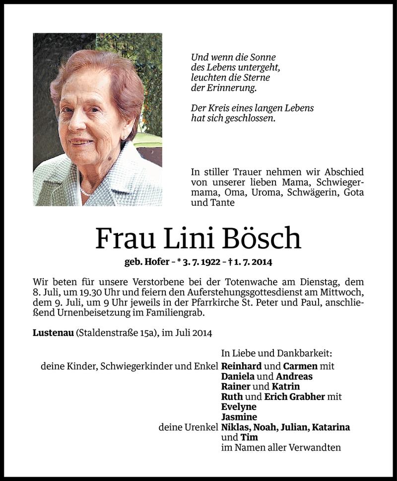  Todesanzeige für Lini Bösch vom 04.07.2014 aus Vorarlberger Nachrichten