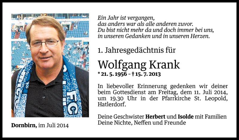  Todesanzeige für Wolfgang Krank vom 04.07.2014 aus Vorarlberger Nachrichten