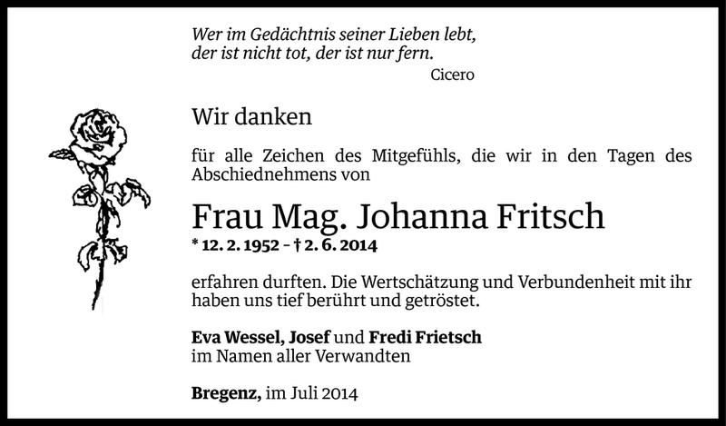  Todesanzeige für Johanna Fritsch vom 04.07.2014 aus Vorarlberger Nachrichten