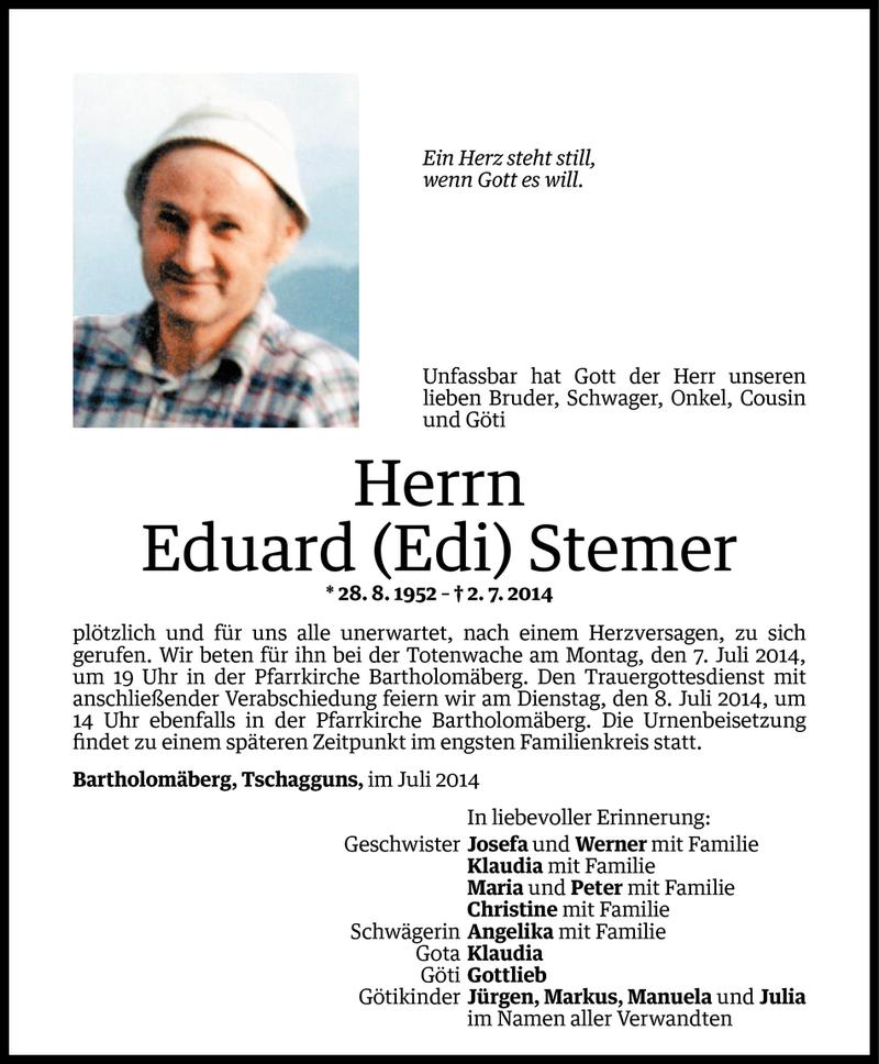  Todesanzeige für Eduard Stemer vom 04.07.2014 aus Vorarlberger Nachrichten