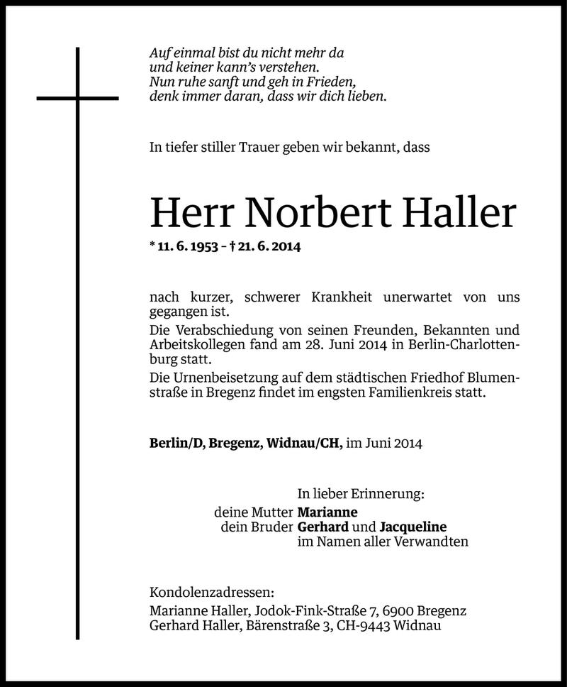  Todesanzeige für Norbert Haller vom 04.07.2014 aus Vorarlberger Nachrichten