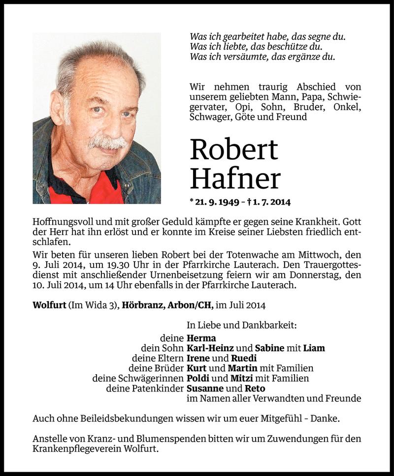  Todesanzeige für Robert Hafner vom 06.07.2014 aus Vorarlberger Nachrichten