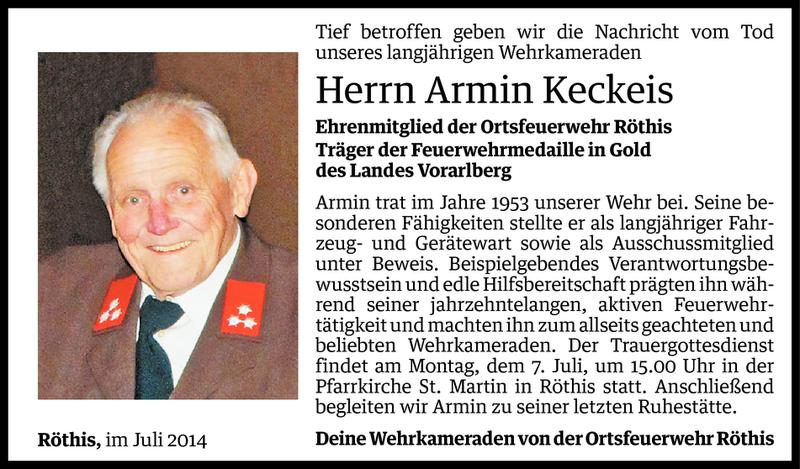  Todesanzeige für Armin Keckeis vom 04.07.2014 aus Vorarlberger Nachrichten