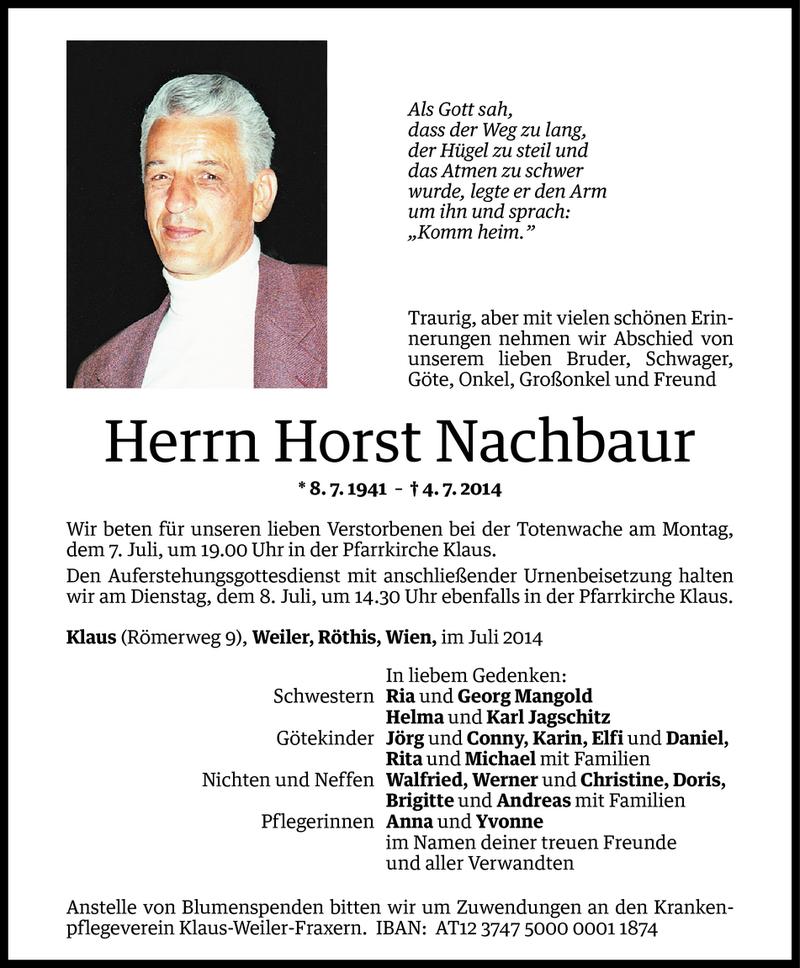  Todesanzeige für Horst Nachbaur vom 05.07.2014 aus Vorarlberger Nachrichten