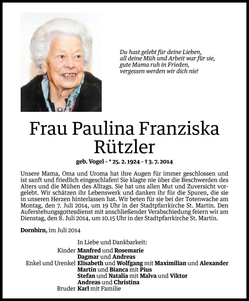  Todesanzeige für Paulina Franziska Rützler vom 04.07.2014 aus Vorarlberger Nachrichten