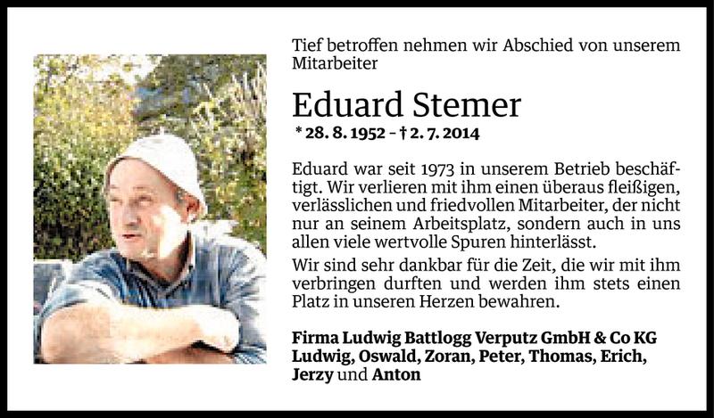  Todesanzeige für Eduard Stemer vom 04.07.2014 aus Vorarlberger Nachrichten