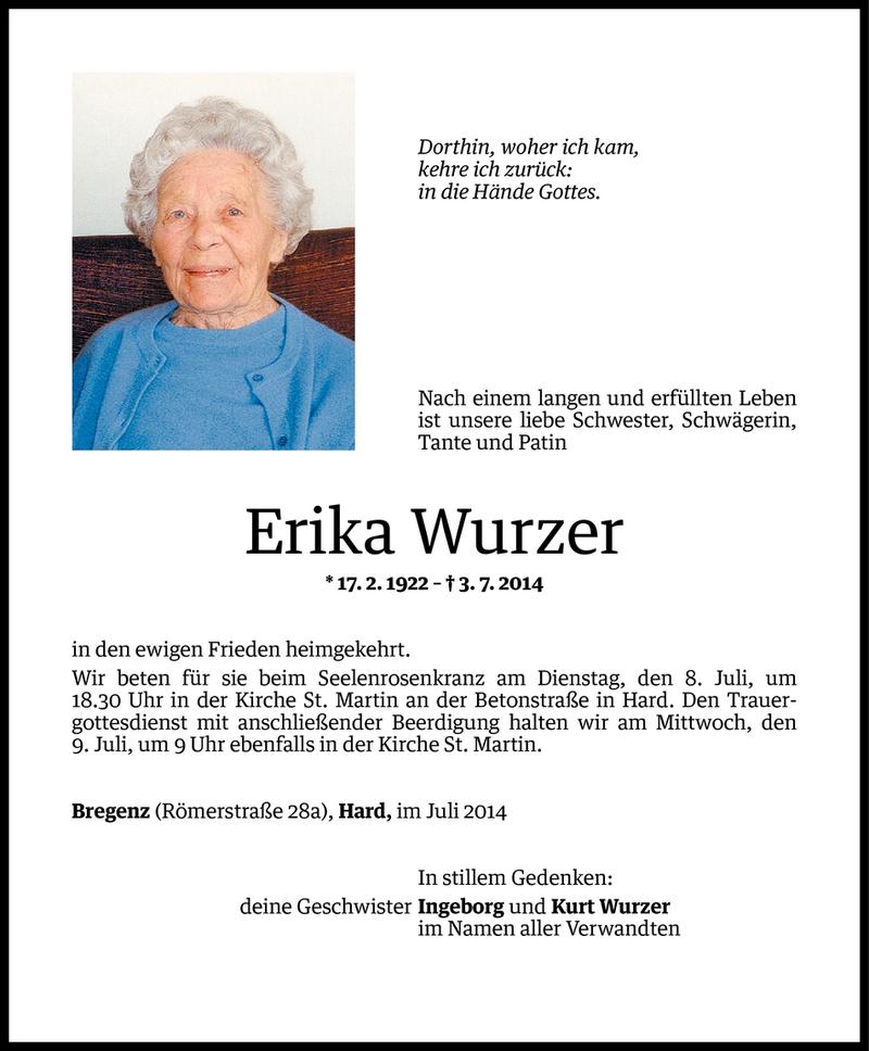  Todesanzeige für Erika Wurzer vom 04.07.2014 aus Vorarlberger Nachrichten