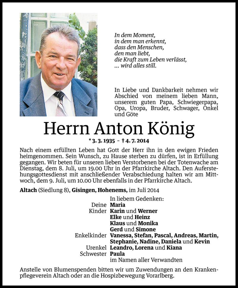  Todesanzeige für Anton König vom 07.07.2014 aus Vorarlberger Nachrichten