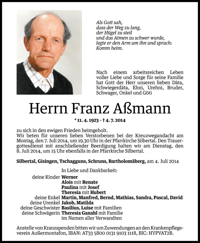  Todesanzeige für Franz Aßmann vom 06.07.2014 aus Vorarlberger Nachrichten