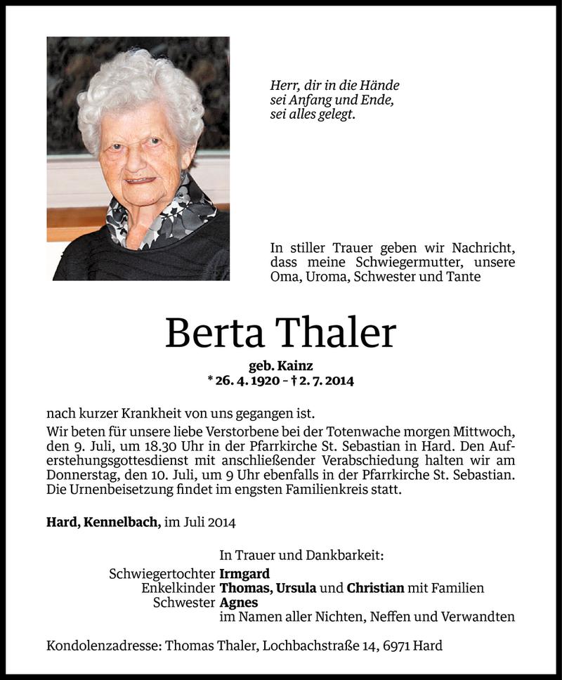  Todesanzeige für Berta Thaler vom 07.07.2014 aus Vorarlberger Nachrichten