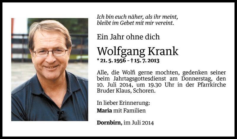  Todesanzeige für Wolfgang Krank vom 07.07.2014 aus Vorarlberger Nachrichten