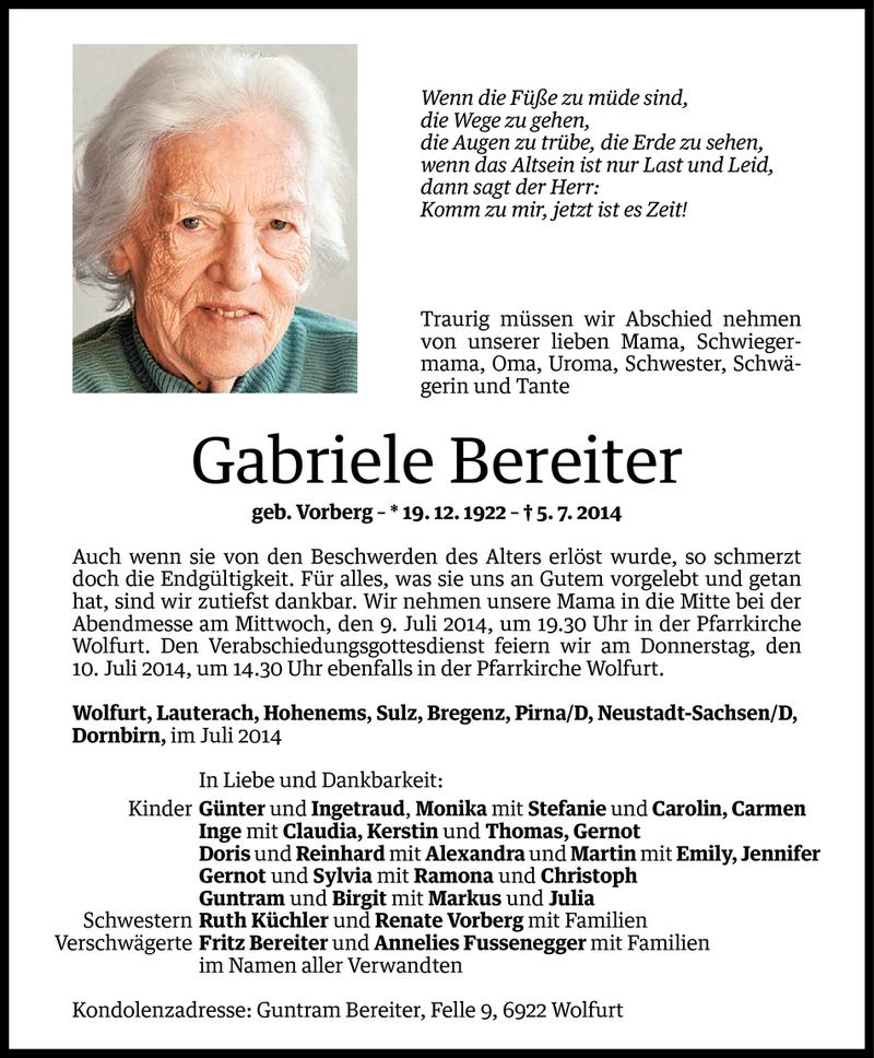  Todesanzeige für Gabriele Bereiter vom 07.07.2014 aus Vorarlberger Nachrichten