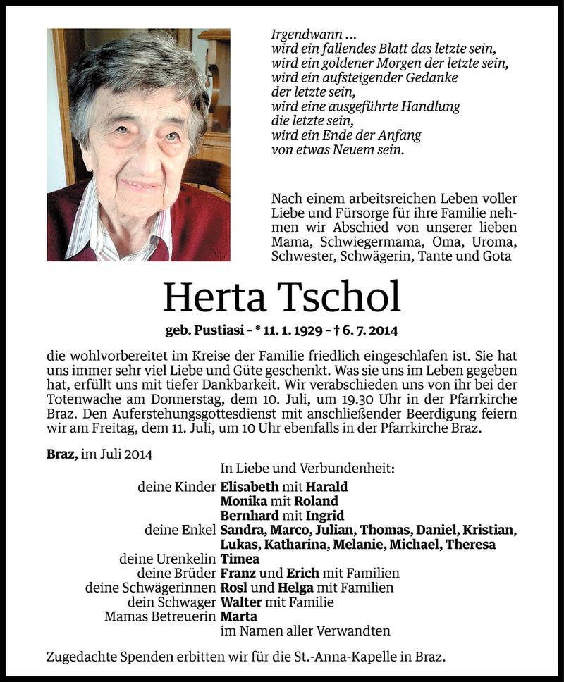  Todesanzeige für Herta Tschol vom 09.07.2014 aus Vorarlberger Nachrichten